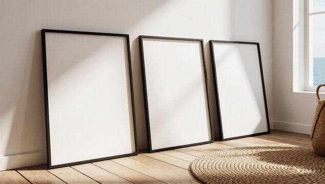 Three Blank Vertical Poster Frame Mockup Set Modern Home Interior