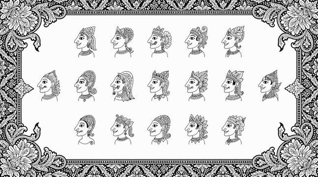 Ornate Thai puppet characters, hand-drawn, vintage decorative border