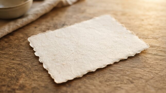 Handmade Deckled Edge Paper Sheet on Rustic Wooden Table for Wedding Stationery Design and Artisanal Craft Projects
