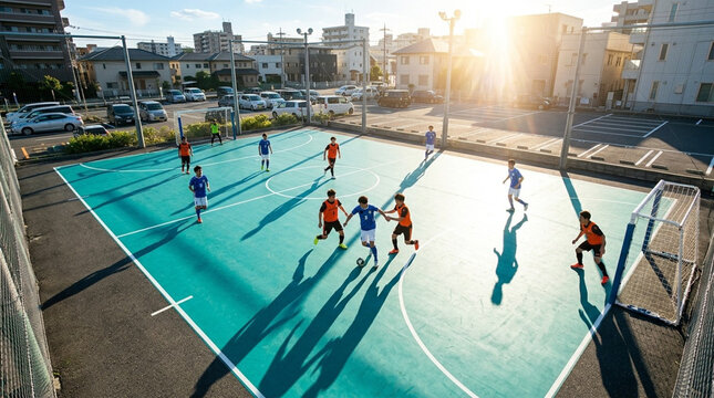 Young men playing futsal on an outdoor turquoise court in an urban Japanese neighborhood during sunset with long shadows and golden hour lighting casting over the sports field.