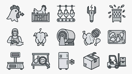 Minimalist Black and White Line Icons Depicting Poultry Processing and Storage Workflow with high quality professional line art symbols for modern creative design and digital branding projects © evane