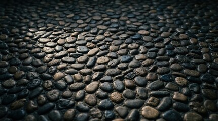 Naklejka premium Dark Cobblestone Path Texture Background Featuring Smooth Rounded River Stones for Garden Landscaping and Architectural Design Projects
