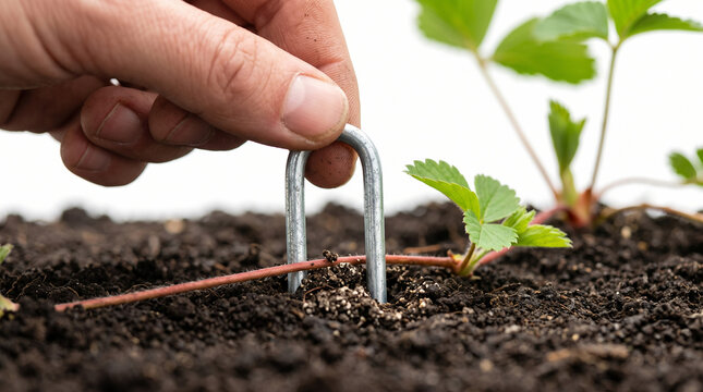 Hand pinning a strawberry runner into soil with metal staple