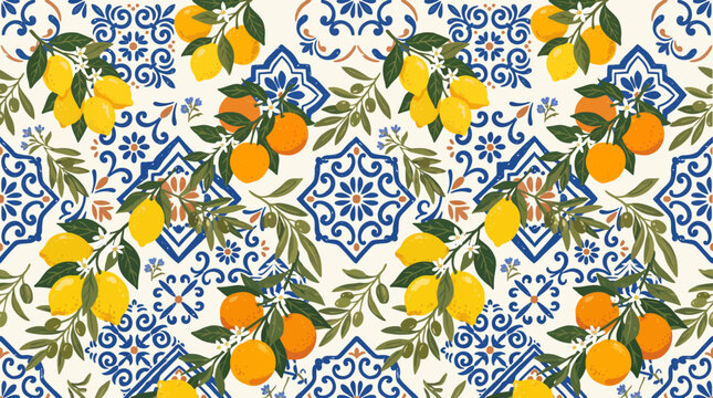 Mediterranean Summer Pattern with Lemons Oranges and Blue Ceramic Tiles