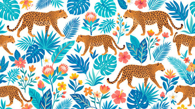 Seamless tropical pattern with leopards and colorful exotic leaves