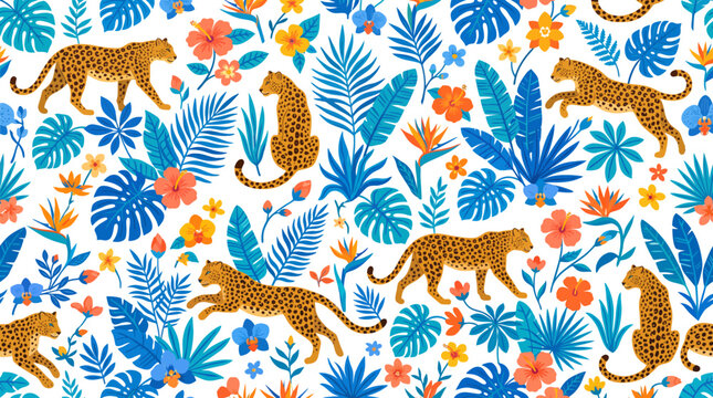 Seamless tropical pattern with leopards and colorful exotic leaves