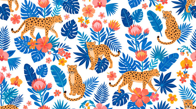 Seamless pattern with leopards and tropical foliage in vibrant colors