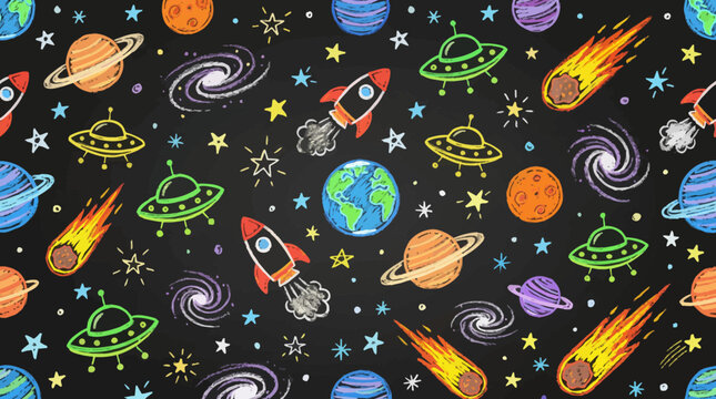 Seamless space pattern with hand drawn planets rockets and ufo doodles