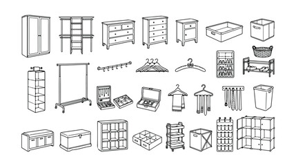 Fototapeta premium Home organization vector icon set, wardrobe and closet storage solutions, furniture and accessories for tidy living, minimalist line art collection for interior design projects
