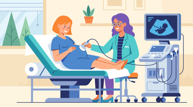 Female doctor performing prenatal ultrasound checkup on pregnant patient