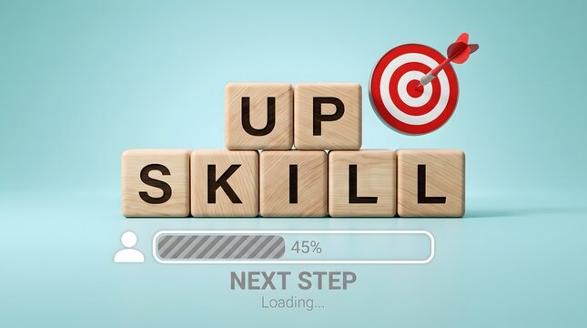 Upskill Wooden Blocks with Target Dart Progress Bar and Loading Next Step Text Professional Development Concept