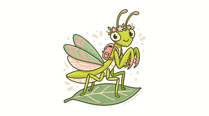 Fototapeta premium Cute Green Grasshopper with Flower Crown and Pink Backpack on a Leaf