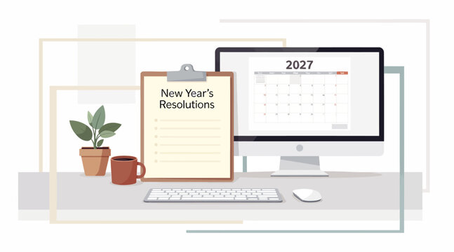 New Year's Resolutions List on Clipboard by Computer Calendar 2027