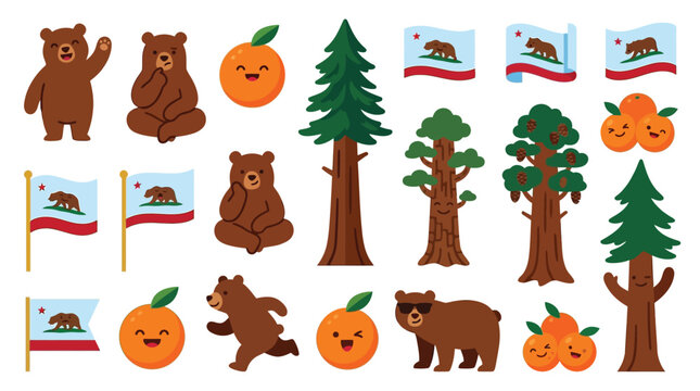 Cute California Icons: Bears, Oranges, Trees, and State Flags.