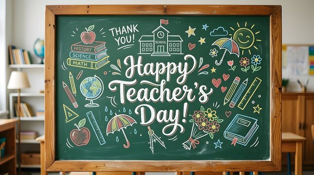 Happy teacher day chalkboard illustration appreciation for educators school supplies and classroom decorations
