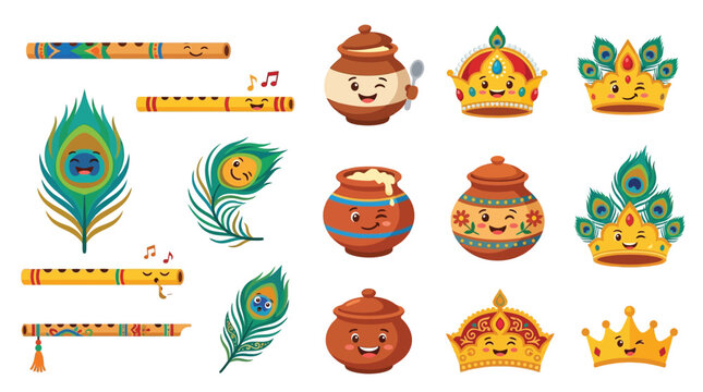 Collection of cartoon elements related to Lord Krishna, including flutes, peacock feathers, and pots of butter, all with cute faces.