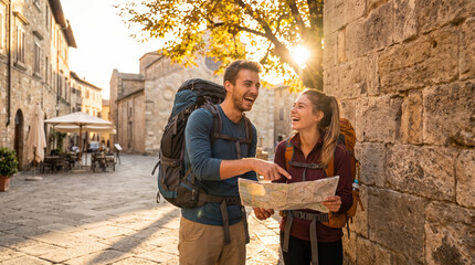 Fototapeta premium Happy young couple of backpackers looking at map in European town
