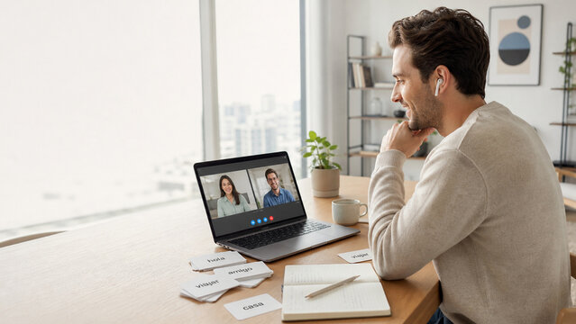 Man wearing wireless earbuds studies Spanish vocabulary cards while joining a video call on a laptop in a bright home workspace.