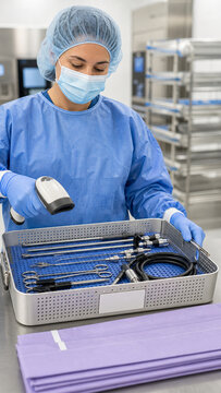 Healthcare worker in protective clothing scanning a tray of surgical instruments in a sterile hospital processing room.