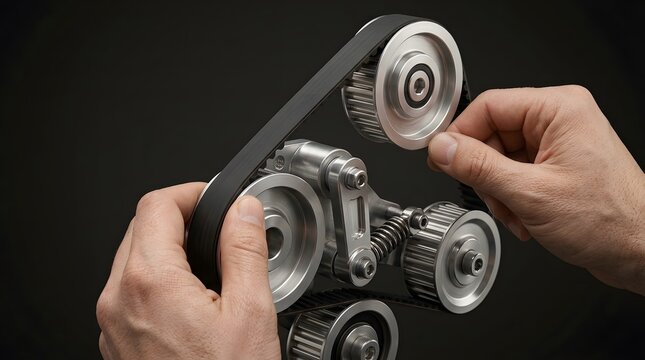 Mechanic hands installing a black timing belt on metal engine pulleys.