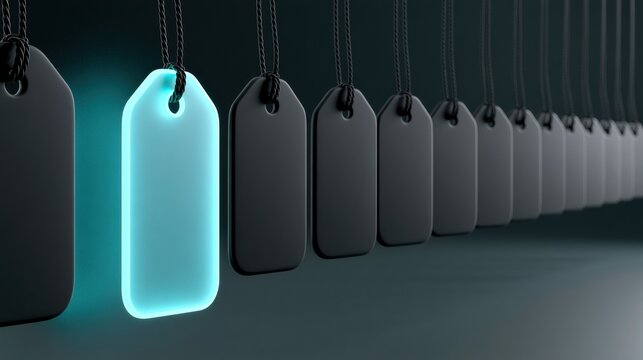 Frosted black tags hang on a wall with one neon cyan tag glowing brightly, inviting viewers to discover their deals.