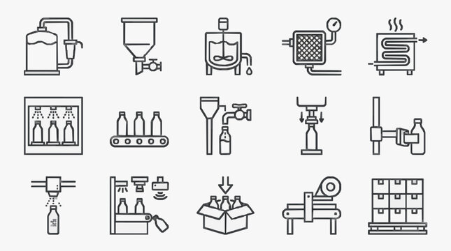 Sleek Black and White Line Icons Set of Modern Beverage Production and Bottling Process Equipment