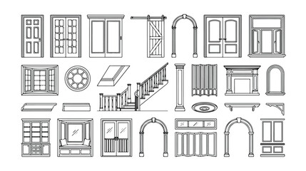Obraz premium Architectural elements vector collection, classic house interior and exterior design components, detailed line art illustrations for home renovation projects, building construction, and decor.