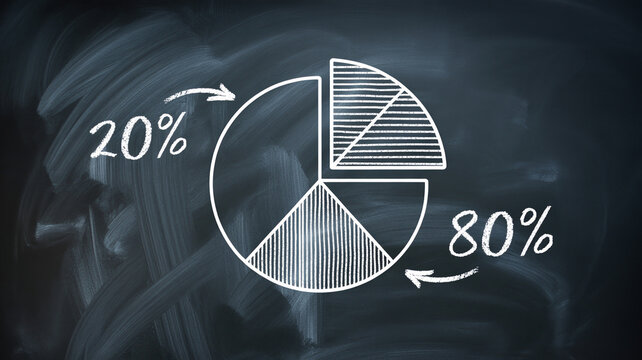 Hand drawn pie chart on blackboard showing eighty twenty rule with chalk writing arrows and percentages with chalkboard background with dark chalkboard