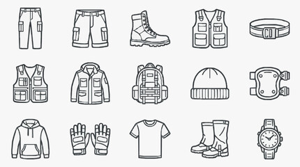 Minimalist Black and White Line Drawing Set of Outdoor Gear and Tactical Clothing Essentials with high quality professional line art symbols for modern creative design and digital branding projects © Hendra