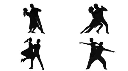 Obraz premium A stylish black silhouette of a man and woman performing a graceful ballroom dance, showcasing classic dance moves with elegance and rhythm. Perfect for dance-themed projects, romantic concepts, or ar