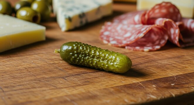 A single, perfect cornichon (small French pickle) on a charcuterie board.