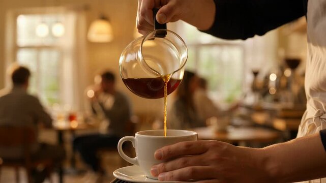 Barista Pouring Fresh Hot Filter Coffee into a White Ceramic Cup in a Cafe