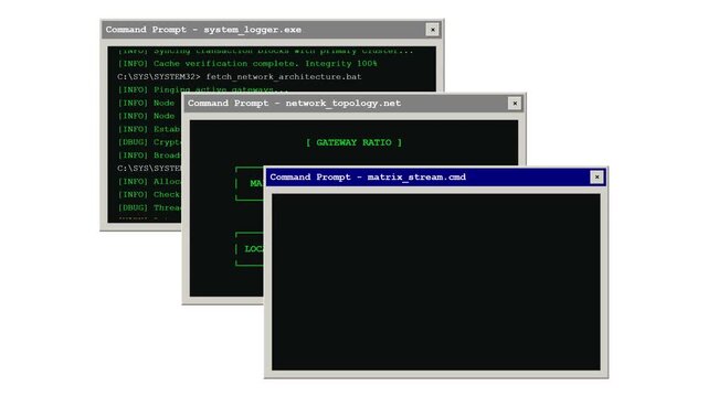 Retro Command Prompt Terminal Windows with Scrolling Green Tech Code and System Logs