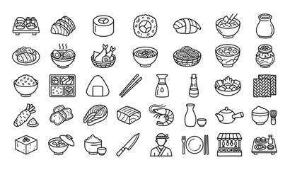 Japanese Restaurant Monoline Icon Pack Featuring Sushi Sashimi Noodles and Food Culture © Munnat