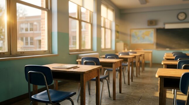 Celebrating teacher day empty classroom with desks and sunlight education appreciation concept