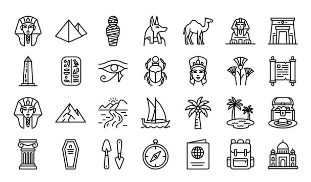 Egypt Monoline Icon Pack Featuring Ancient Civilization Pharaoh Pyramid and Travel Landmarks
