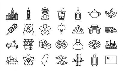 Fototapeta premium Taiwan Travel and Culture Thin Line Icon Set with Taipei Bubble Tea Temple Food and Landmark Symbols