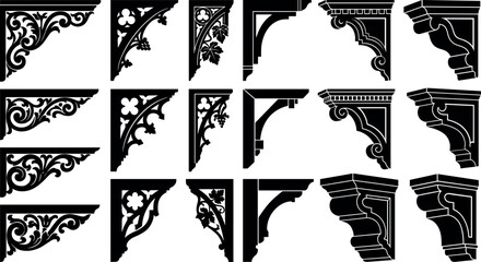 Vintage architectural corbel collection featuring black silhouettes of ornate baroque brackets gothic gables and decorative classic molding design elements © MstAduri