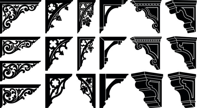 Vintage architectural corbel collection featuring black silhouettes of ornate baroque brackets gothic gables and decorative classic molding design elements