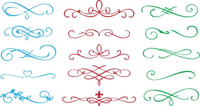 Hand-drawn ink flourish color full collection, artistic decorative swirls 