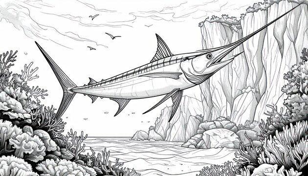 Large swordfish swimming past a rocky coral reef.