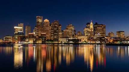 Fototapeta premium Boston city skyline panorama at night with city lights reflecting on the water.