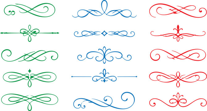 Hand-drawn ink flourish color full decorative swirls set 