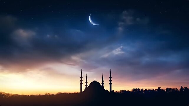 Silhouette of a mosque at sunset.