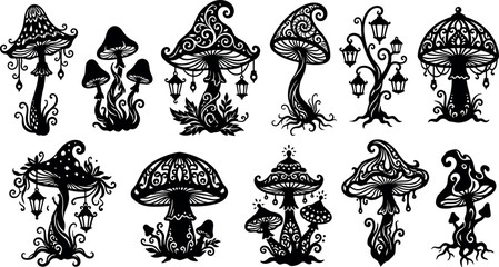 Whimsical fantasy mushroom collection featuring detailed black vector silhouettes of enchanted toadstools ornate fairy lanterns and psychedelic forest fungi © MstAduri