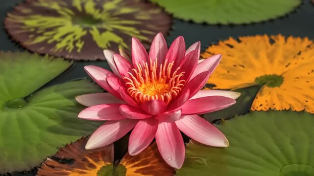A pink lotus flower blooms serenely on water.