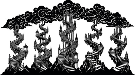 Fantasy winding stairs to heaven illustration featuring black silhouettes of surreal gothic ladders leading into mystical storm clouds © MstAduri