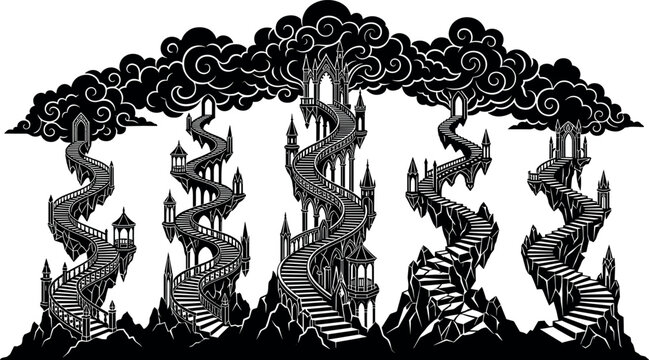 Fantasy winding stairs to heaven illustration featuring black silhouettes of surreal gothic ladders leading into mystical storm clouds