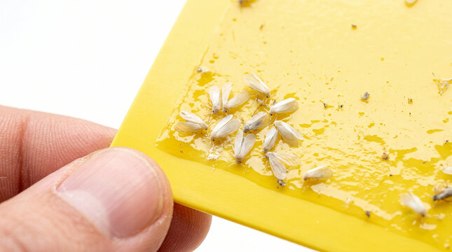 Hand holding a yellow sticky trap catching multiple whiteflies