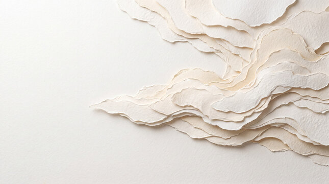 Professional abstract background featuring organic layers of torn cream paper creating a unique 3d wavy texture perfect for minimalist web design or print projects